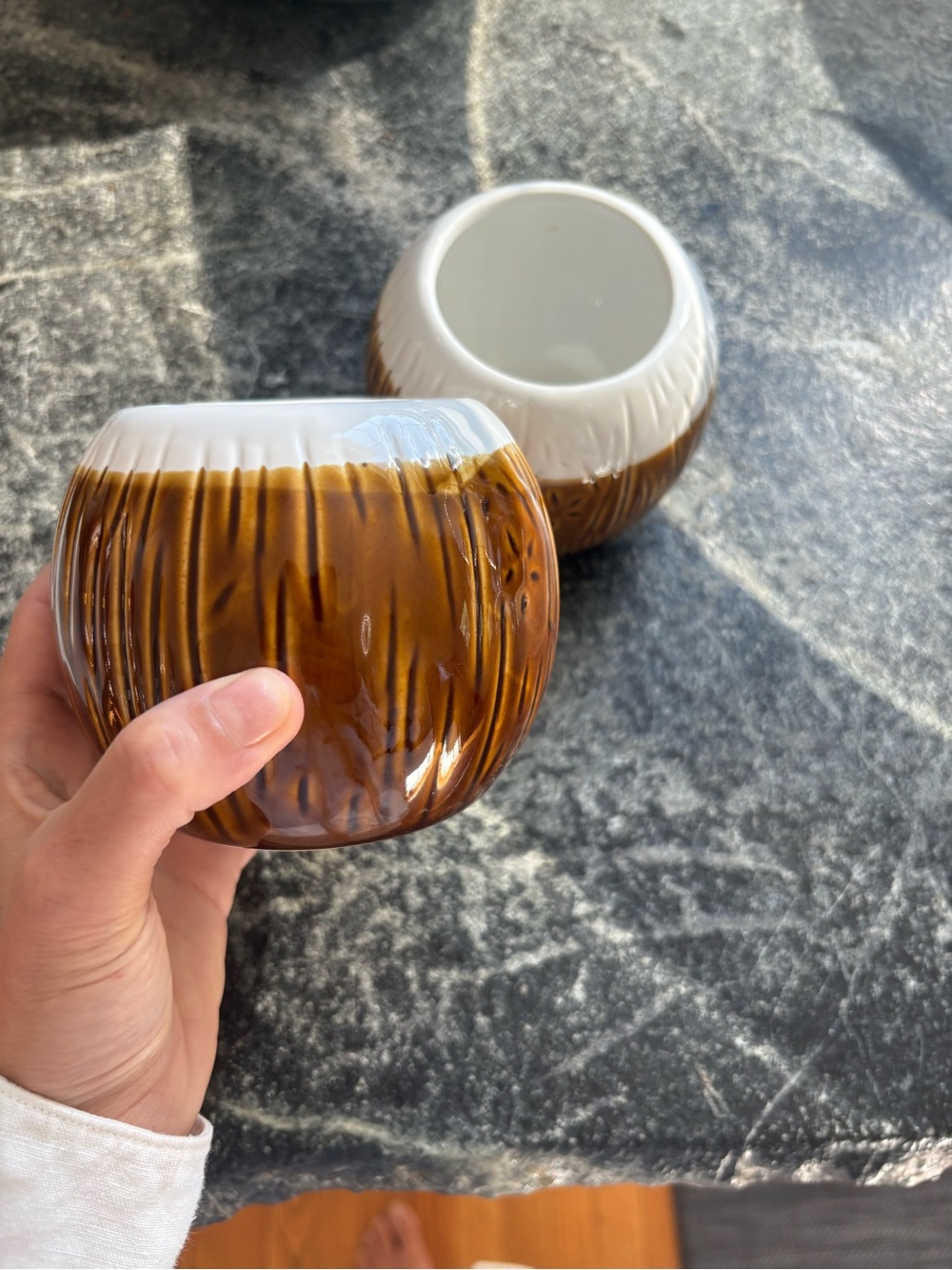 Brown and White Ceramic coconuts drinkware - tiki bar